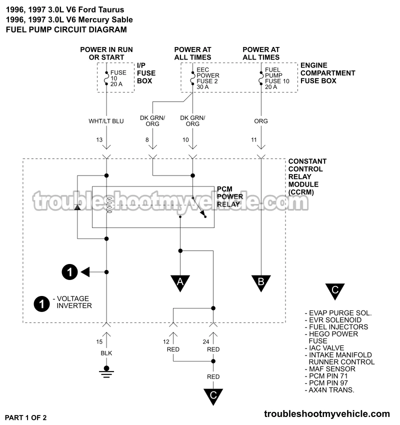 PART 1 OF 2: Fuel Pump Circuit Wiring Diagram (1996, 1997 3.0L V6 Ford Taurus And Mercury Sable)
