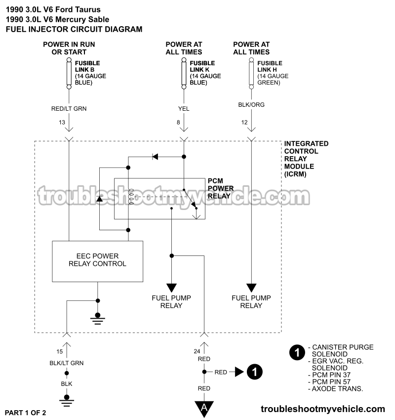 PART 1 OF 2: Fuel Injector Circuit Wiring Diagram (1990 3.0L V6 Ford Taurus, Mercury Sable)