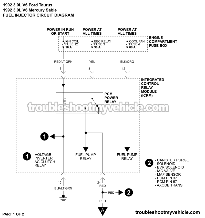 PART 1 OF 2: Fuel Injector Circuit Wiring Diagram (1992 3.0L V6 Ford Taurus, Mercury Sable)