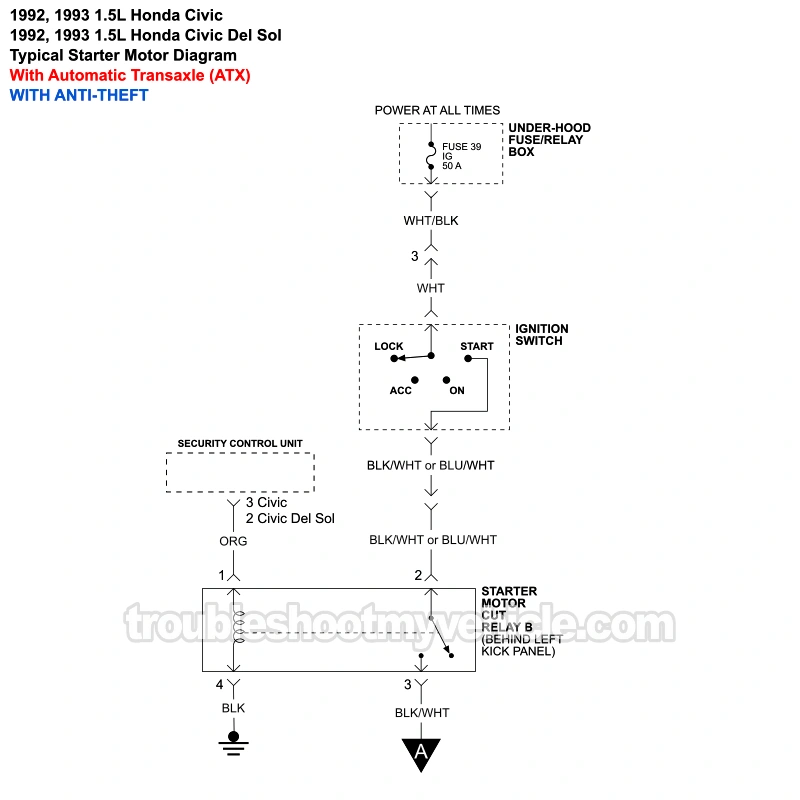 PART 1 of 2: 1992 1.5L Honda Civic And Civic Del Sol Starter Motor Wiring Diagram. With Automatic Transaxle (W Anti-Theft)