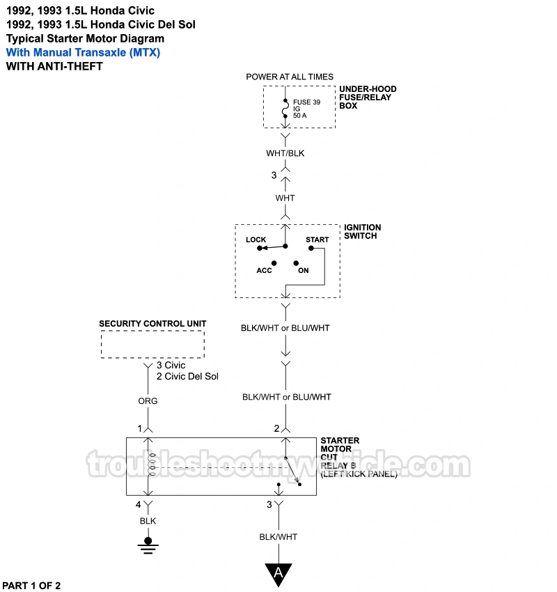 PART 1 of 2: 1992 1.5L Honda Civic And Civic Del Sol Starter Motor Wiring Diagram. With Manual Transaxle (W Anti-Theft).