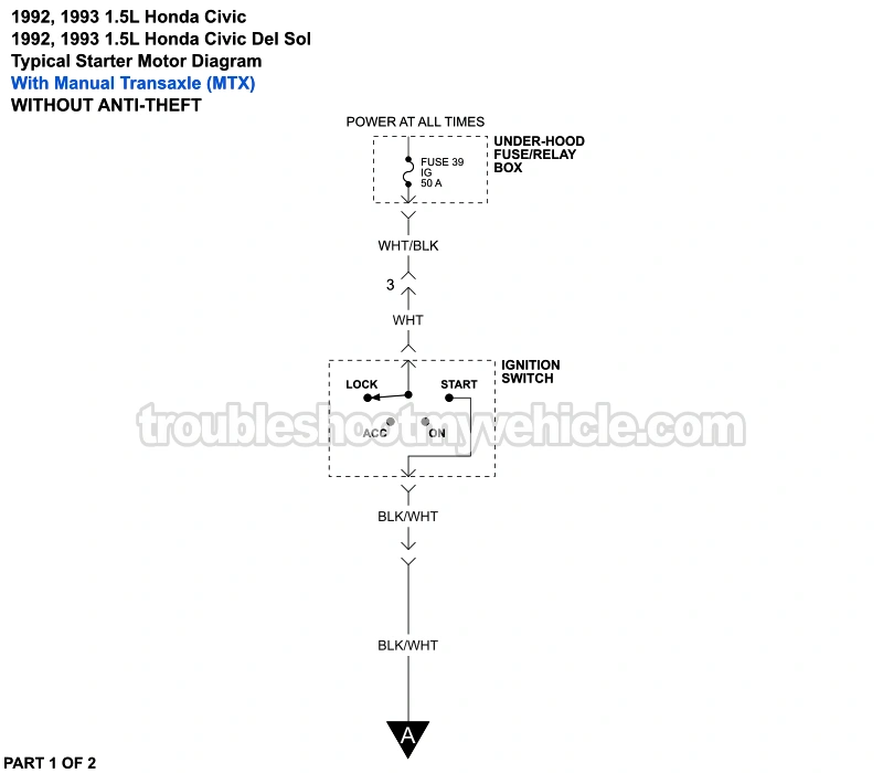 PART 1 of 2: 1992 1.5L Honda Civic And Civic Del Sol Starter Motor Wiring Diagram. With Manual Transaxle (W/O Anti-Theft).