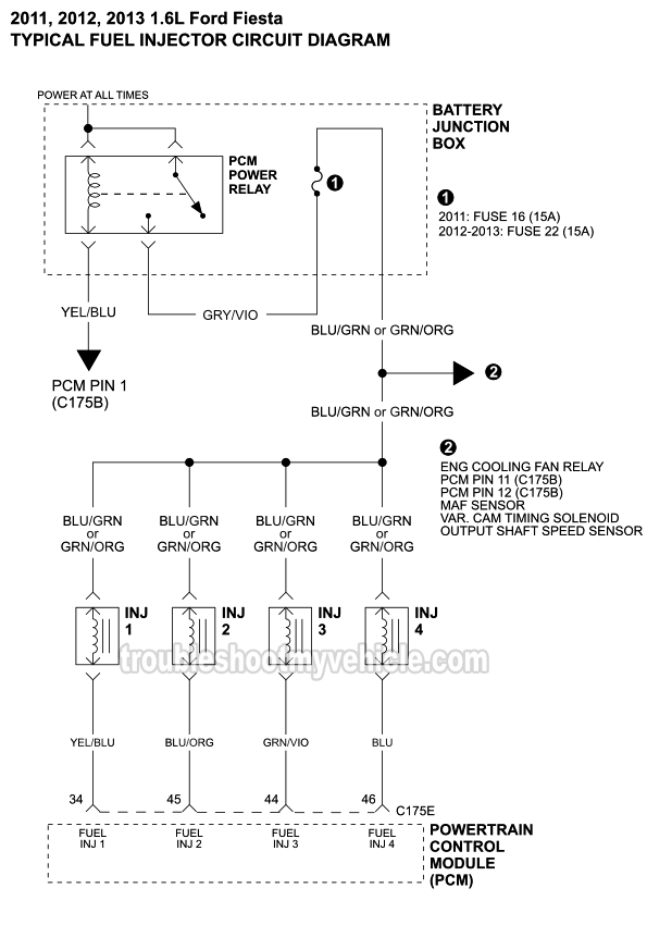 Fuel Injector Circuit Diagram (2011, 2012, 2013 1.6L Ford Fiesta)