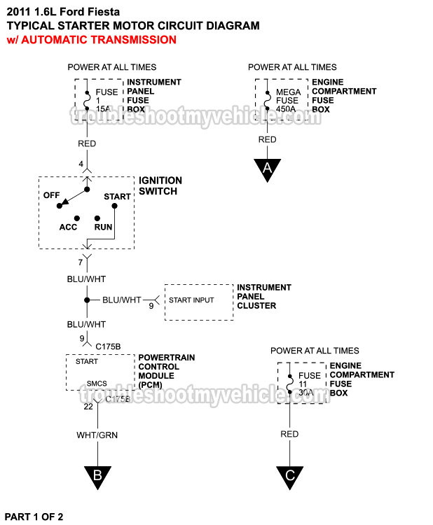 Starter Motor Circuit Wiring Diagram W/ Automatic Transmission (2011 1.6L Ford Fiesta)