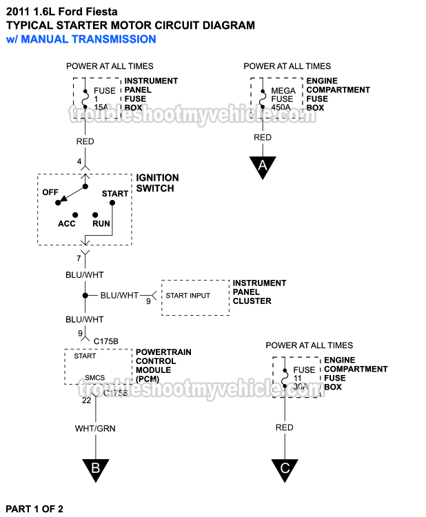 Starter Motor Circuit Wiring Diagram W/ Manual Transmission (2011 1.6L Ford Fiesta)