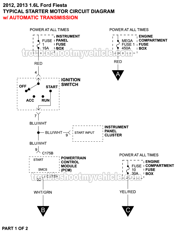 Starter Motor Circuit Wiring Diagram W/ Automatic Transmission (2012, 2013 1.6L Ford Fiesta)