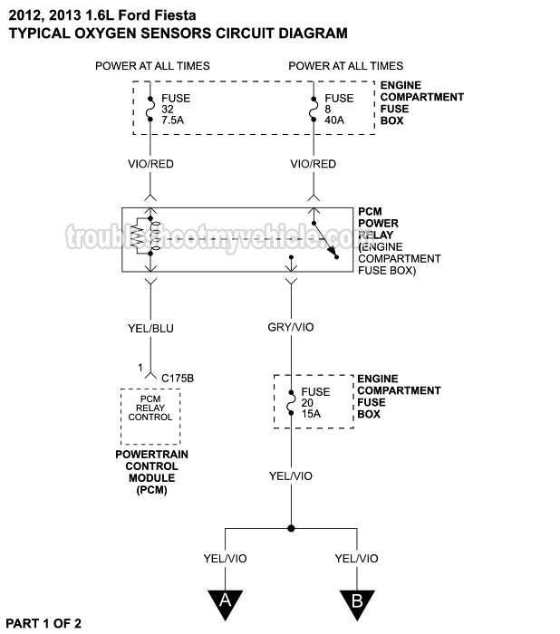 Part 1 of 2: Oxygen Sensors Circuit Wiring Diagram (2012, 2013 1.6L Ford Fiesta)