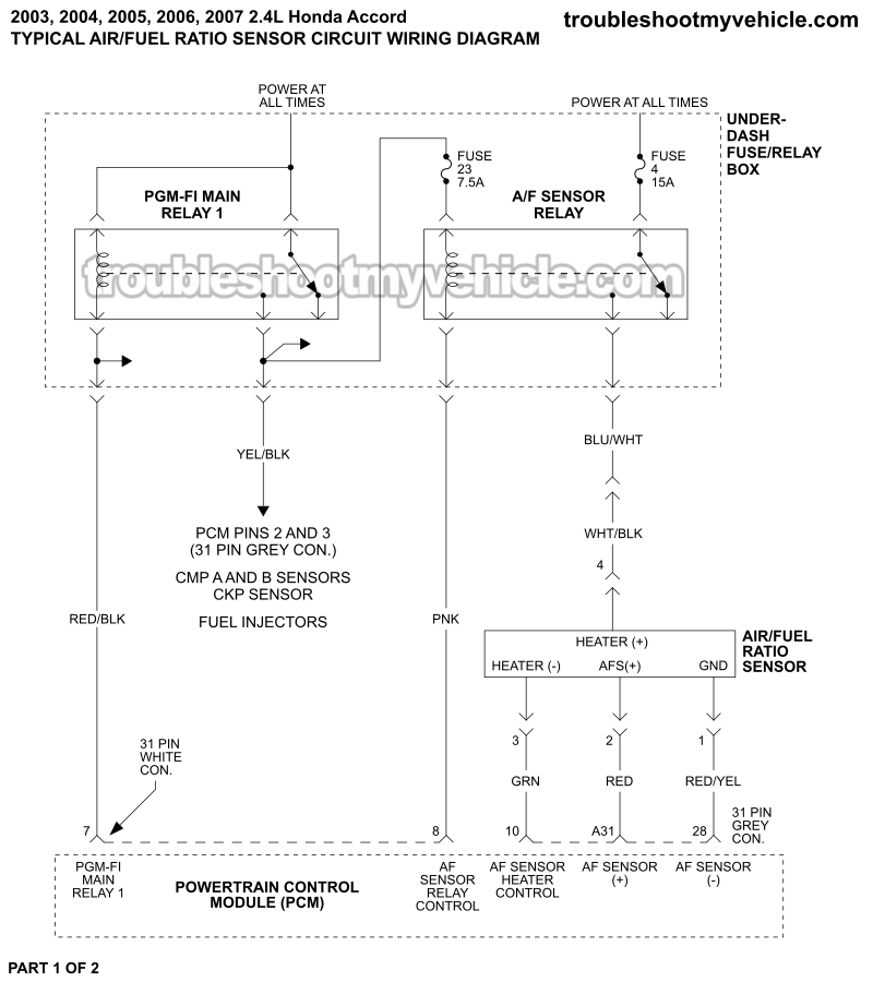 PART 1 OF 2: O2 Sensor Circuit Wiring Diagram (2003, 2004, 2005, 2006, 2007 2.4L Honda Accord) PART 1 OF 2: O2 Sensor Circuit Wiring Diagram (2003, 2004, 2005, 2006, 2007 2.4L Honda Accord)