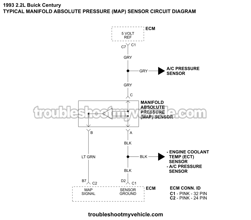 MAP Sensor Circuit Wiring Diagram (1993 2.2L Buick Century)
