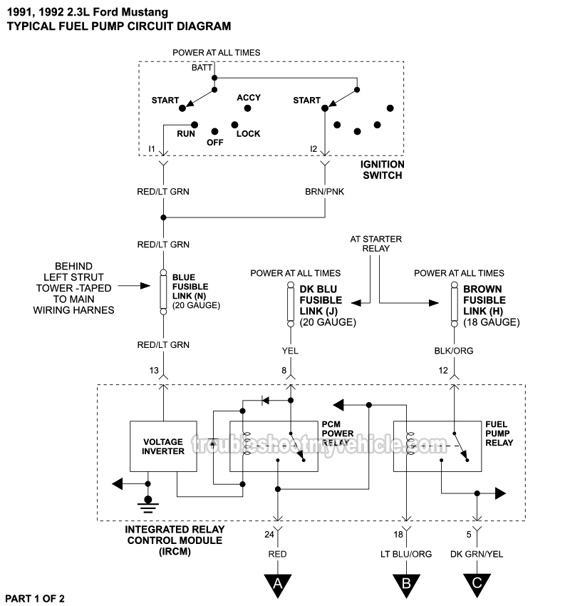 Fuel Pump Circuit Wiring Diagram (1991-1992 2.3L Ford Mustang)
