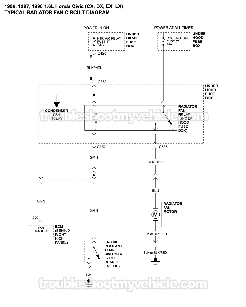 Radiator And Condenser Fan Motor Circuit Wiring Diagram (1996-1998 1.6L Honda Civic)