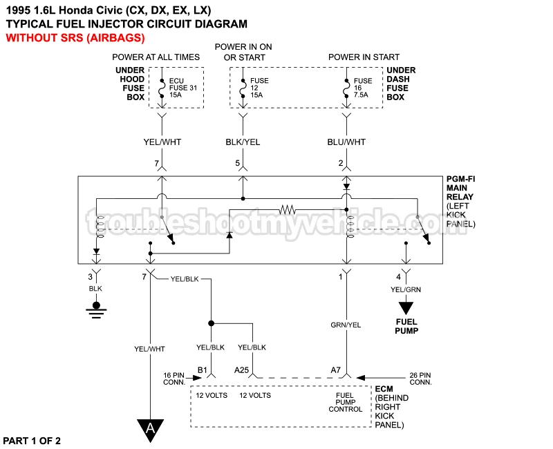 PART 1 of 2: Fuel Injector Circuit Wiring Diagram (1995 1.6L Honda Civic CX, DX, EX, and LX)