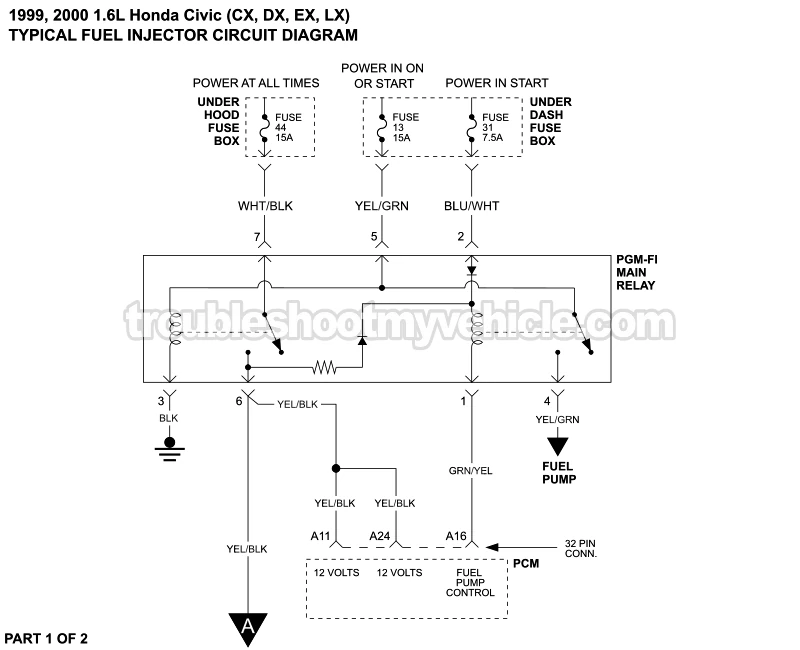 Fuel Injector Circuit Wiring Diagram (1999-2000 1.6L Honda Civic)