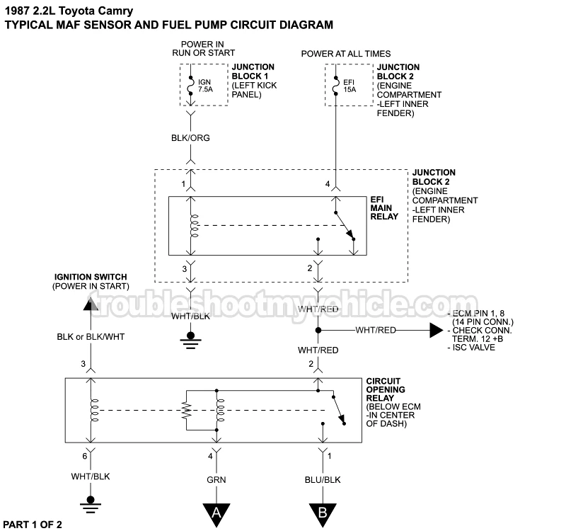 MAF Sensor And Fuel Pump Circuit Wiring Diagram (1987 2.0L Toyota Camry)