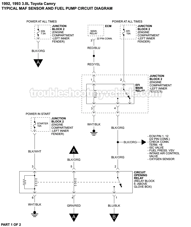 MAF Sensor And Fuel Pump Circuit Wiring Diagram (1992-1993 3.0L V6 Toyota Camry)