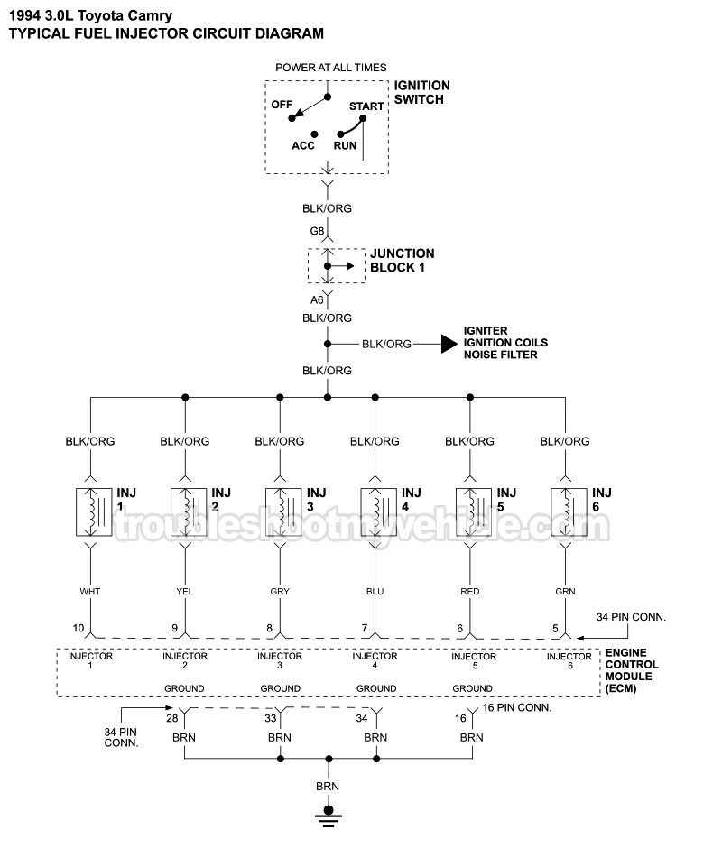 Fuel Injectors Circuit Wiring Diagram (1994 3.0L V6 Toyota Camry)