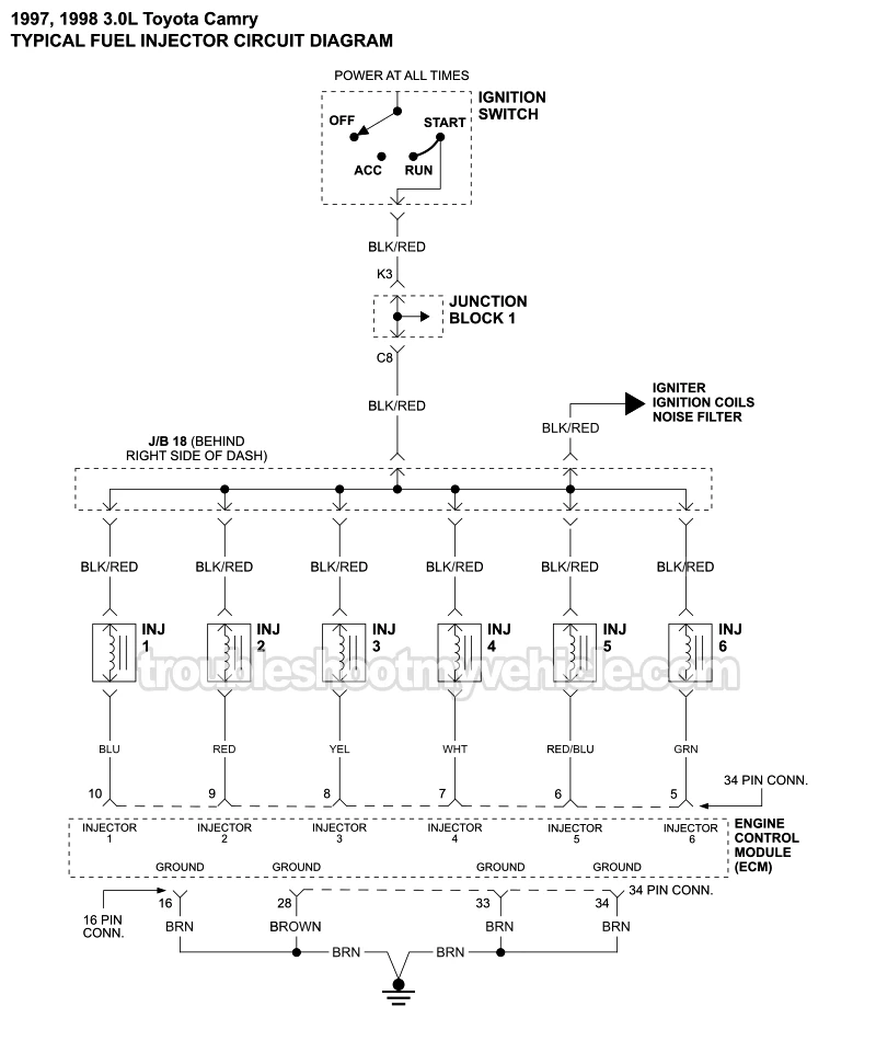 Fuel Injectors Circuit Wiring Diagram (1997-1998 3.0L V6 Toyota Camry)