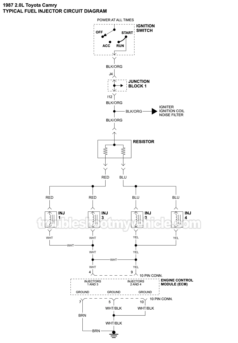 Fuel Injector Circuit Wiring Diagram (1987 2.0L Toyota Camry)