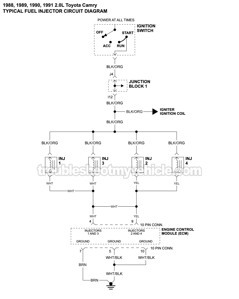 Fuel Injector Circuit Wiring Diagram (1988-1991 2.0L Toyota Camry)