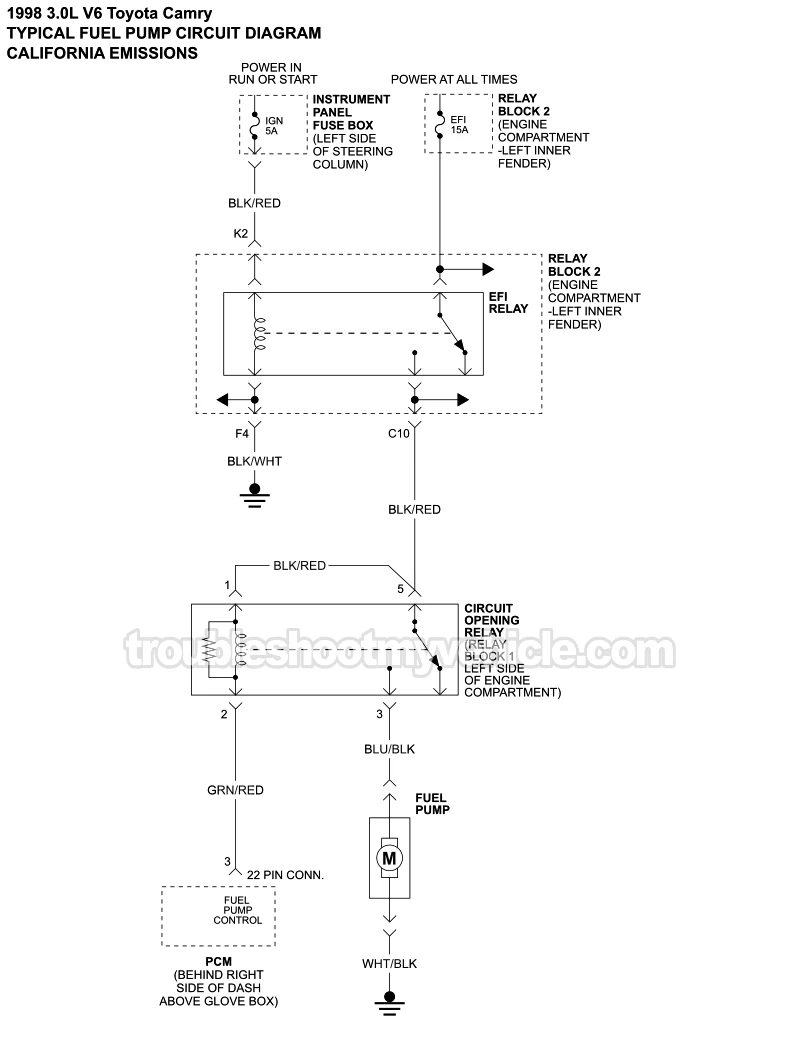 Fuel Pump Circuit Wiring Diagram With California Emissions (1998 3.0L V6 Toyota Camry)