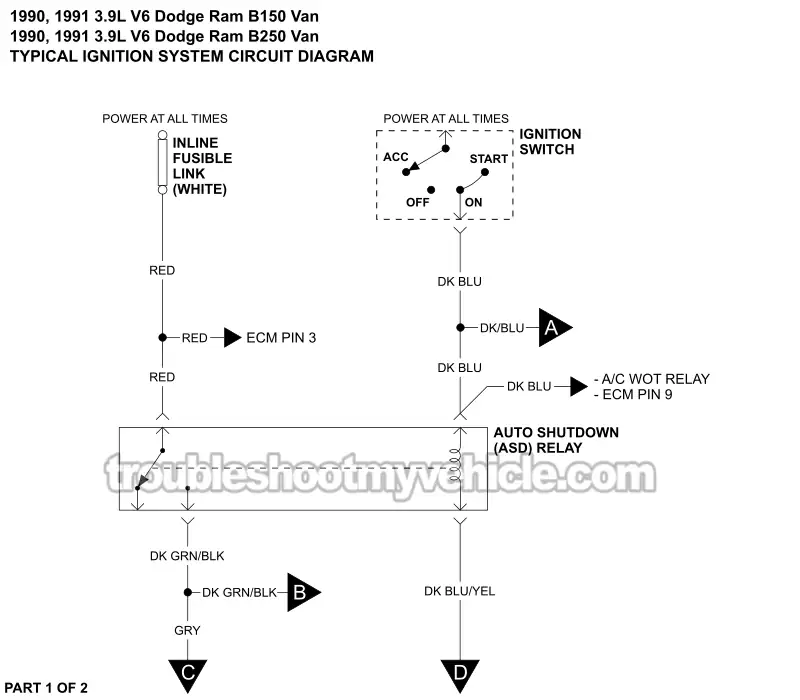 Ignition System Circuit Wiring Diagram (1990-1991 3.9L V6 Dodge Ram Van)