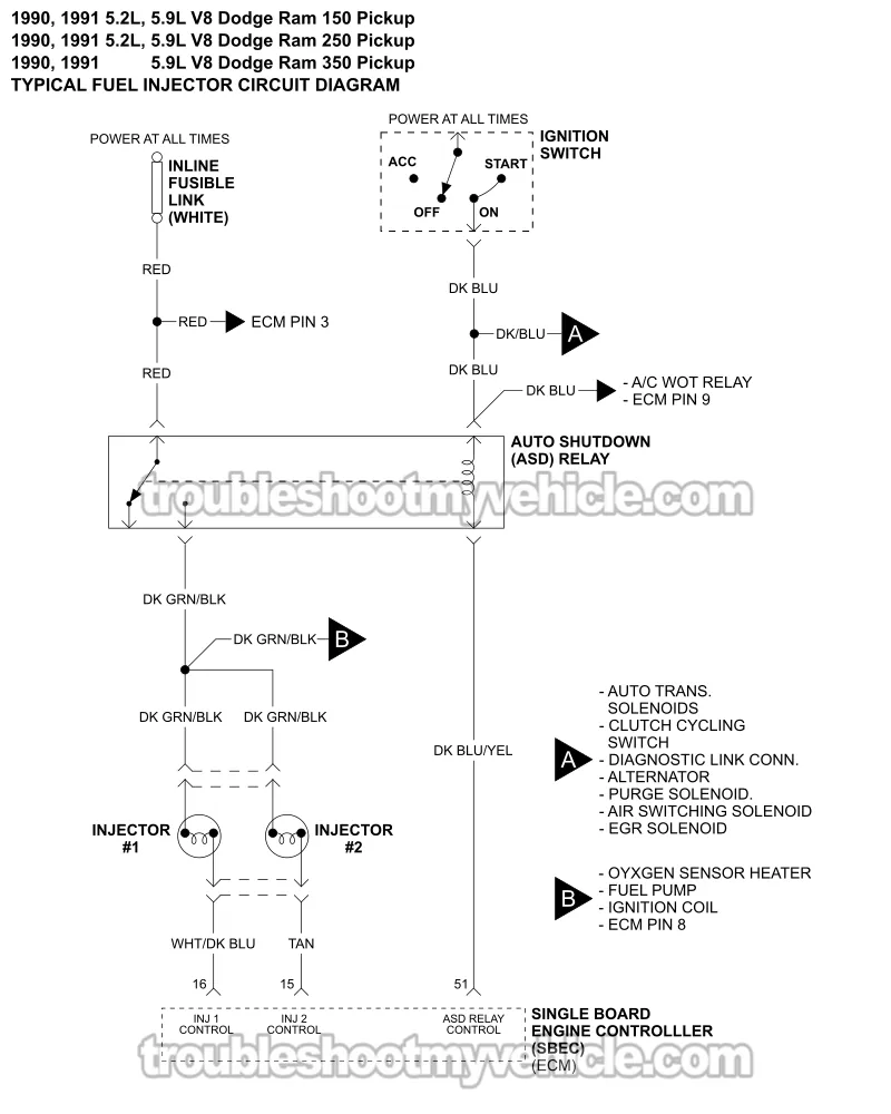 Fuel Injector Circuit Wiring Diagram (1990-1991 5.2L, 5.9L V8 Dodge Ram Pickup)