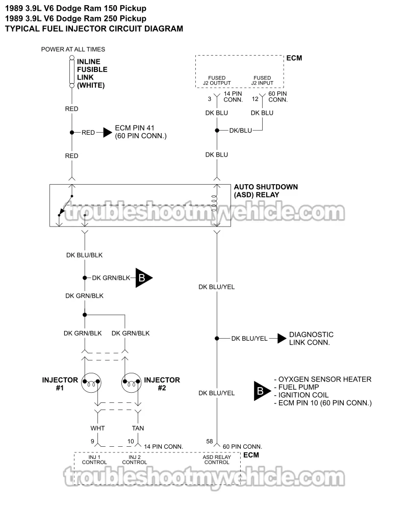 Fuel Injector Circuit Wiring Diagram (1989 3.9L V6 Dodge Ram Pickup)