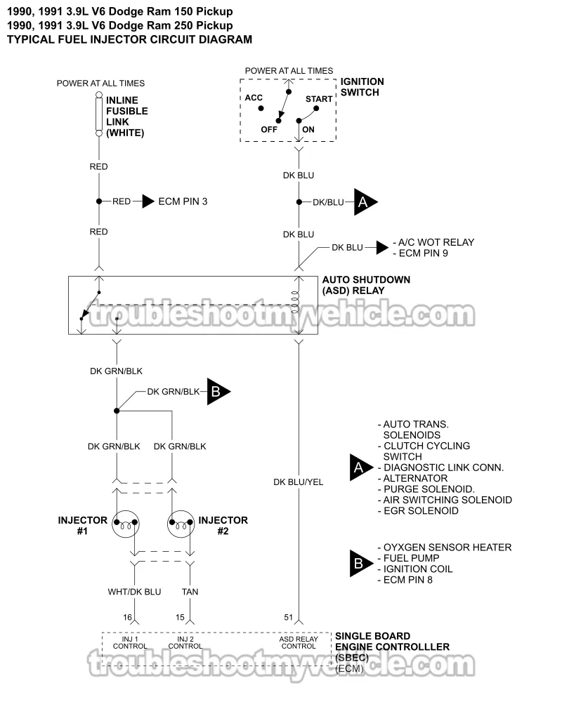 Fuel Injector Circuit Wiring Diagram (1990-1991 3.9L V6 Dodge Ram Pickup)