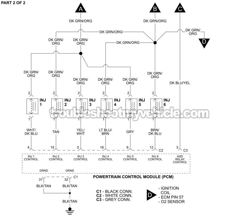 PART 2 OF 2: Fuel Injector Wiring Diagram (1996, 1997 3.9L V6 Dodge Ram Pickup) PART 2 OF 2: Fuel Injector Wiring Diagram (1996, 1997 3.9L V6 Dodge Ram Pickup)