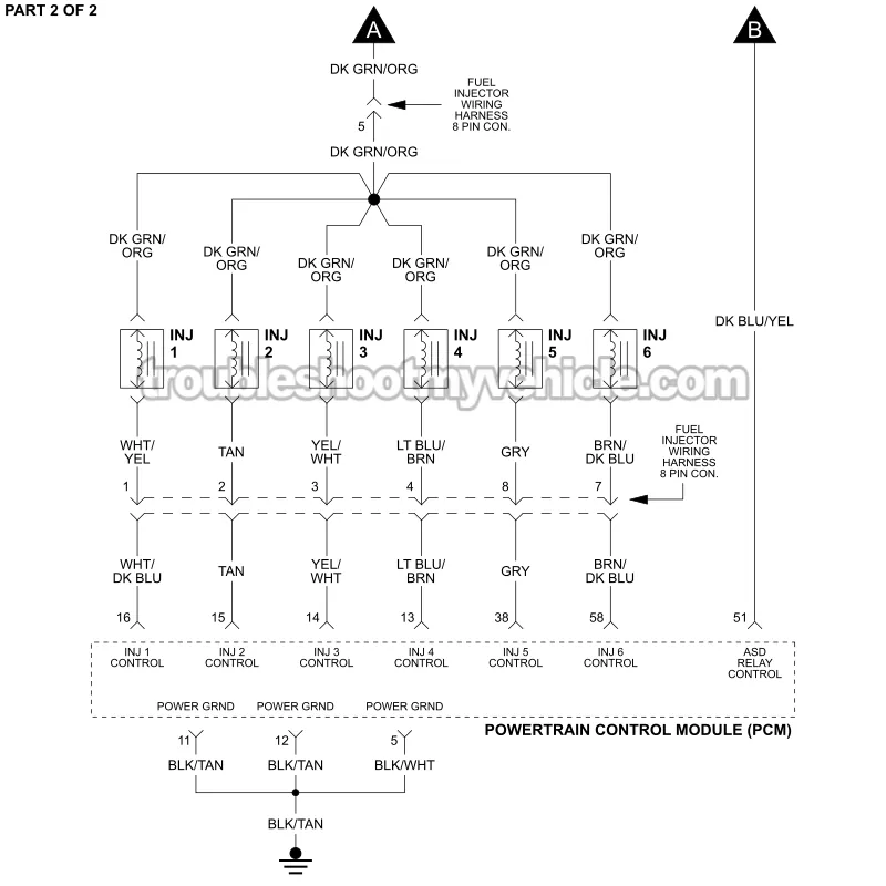 PART 2 of 2 -Fuel Injector Circuit Wiring Diagram. 1992, 1993 3.0L V6 Caravan, Grand Caravan, Voyager, Grand Voyager