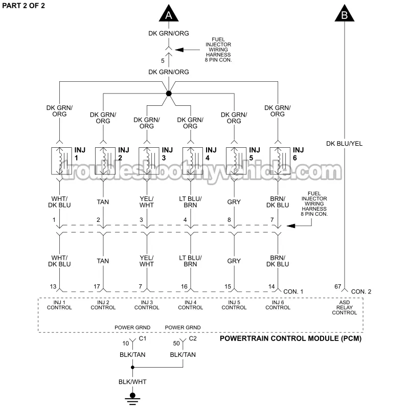 PART 2 of 2 -Fuel Injector Circuit Wiring Diagram. 1996, 1997 3.0L V6 Caravan, Grand Caravan, Voyager, Grand Voyager