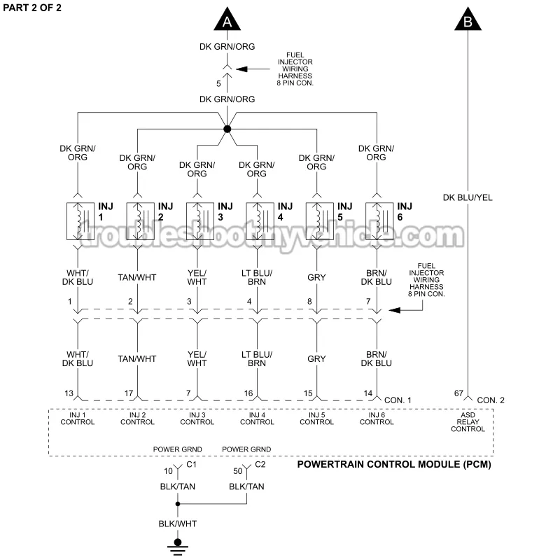 PART 2 of 2 -Fuel Injector Circuit Wiring Diagram. 1998, 1999 3.0L V6 Caravan, Grand Caravan, Voyager, Grand Voyager
