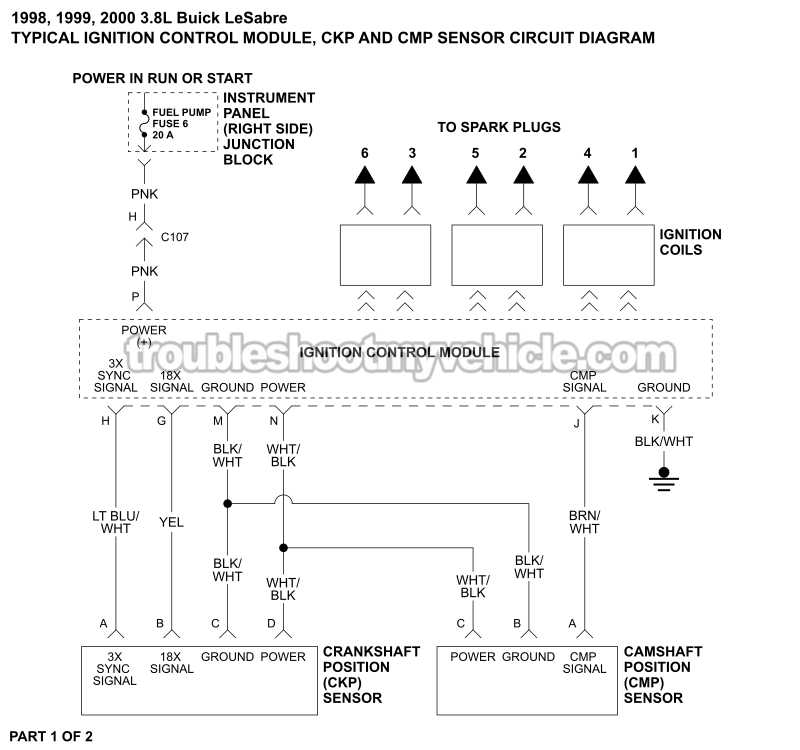PART 1 OF 2: ICM And CKP/CMP Sensor Circuit Wiring Diagram (1998, 1999, 2000 3.8L V6 Buick LeSabre)