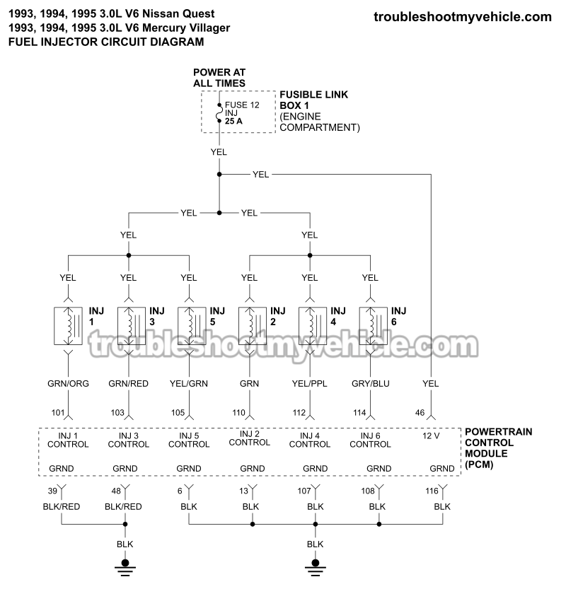 Fuel Injector Circuit Wiring Diagram (1993-1995 3.0L V6 Nissan Quest)