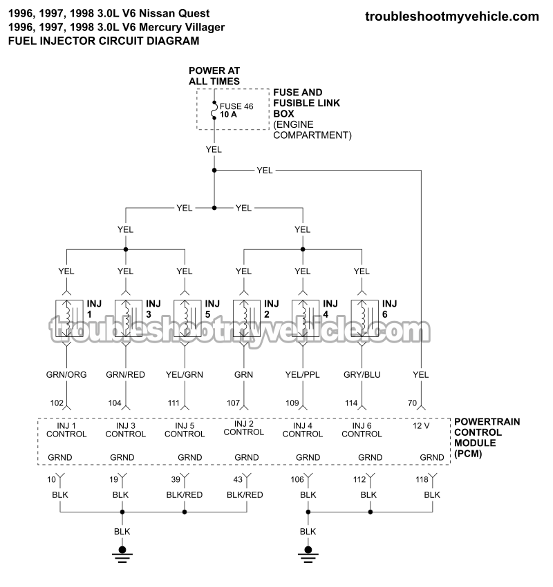 Fuel Injector Circuit Wiring Diagram (1996-1998 3.0L V6 Nissan Quest)