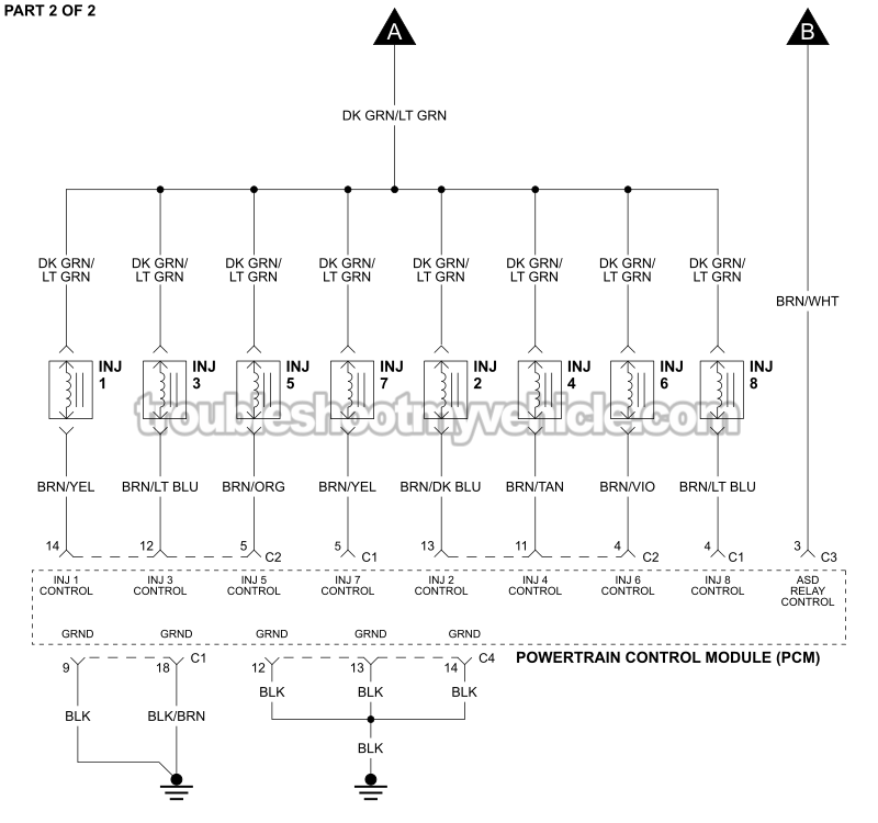 PART 2 OF 2: Fuel Injector Circuit Wiring Diagram (2005, 2006 4.7L V8 Jeep Grand Cherokee) PART 2 OF 2: Fuel Injector Circuit Wiring Diagram (2005, 2006 4.7L V8 Jeep Grand Cherokee)