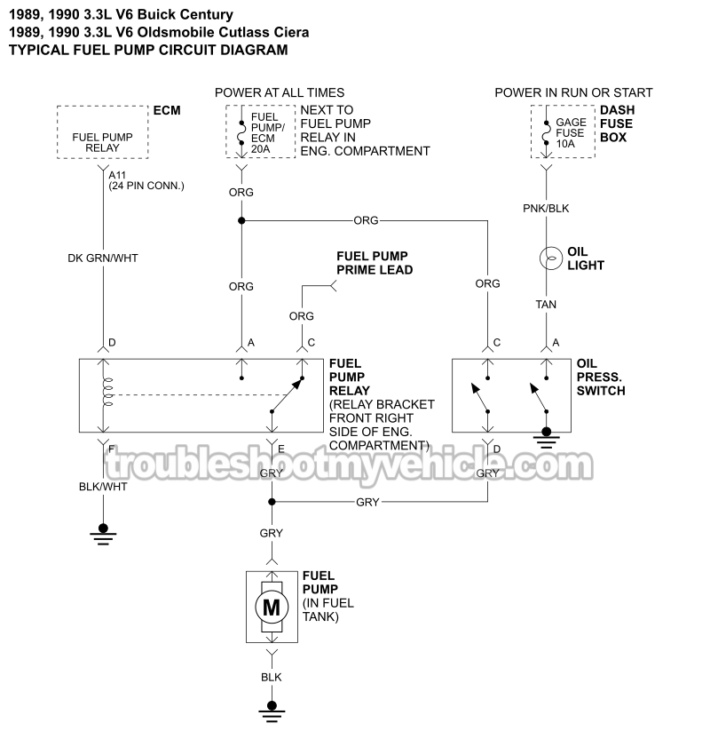 Fuel Pump Circuit Wiring Diagram (1989-1990 3.3L V6 Buick Century, Olds Cutlass Ciera)