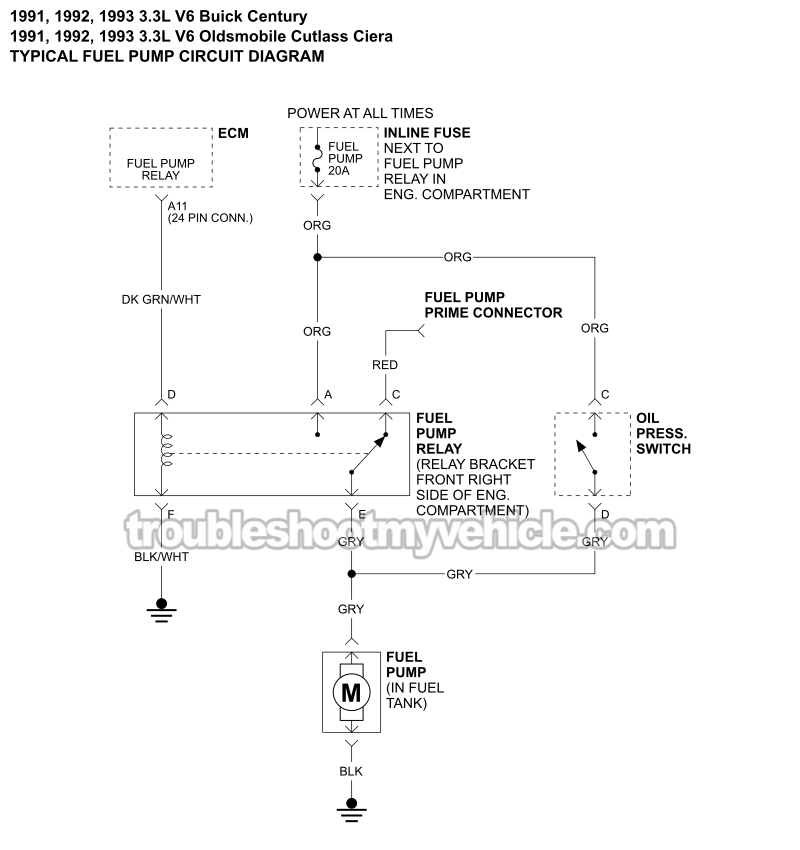 Fuel Pump Circuit Wiring Diagram (1991-1993 3.3L V6 Buick Century, Olds Cutlass Ciera)