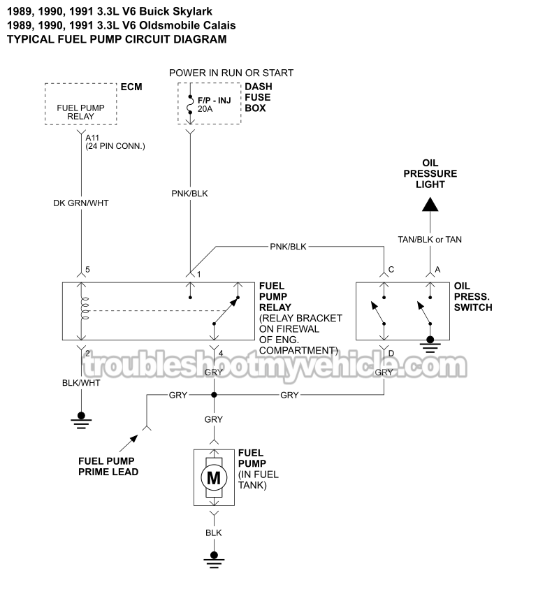 Fuel Pump Circuit Wiring Diagram (1989-1991 3.3L V6 Buick Skylark, Olds Calais)