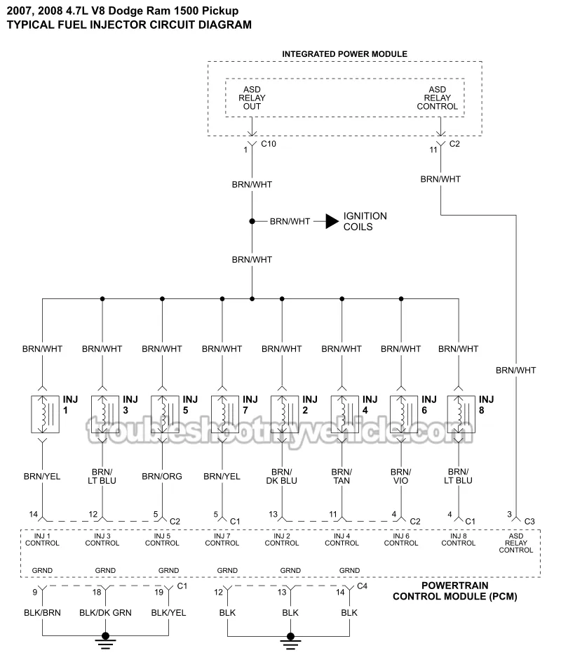 Fuel Injector Circuit Wiring Diagram (2007-2008 4.7L V8 Dodge Ram Pickup)