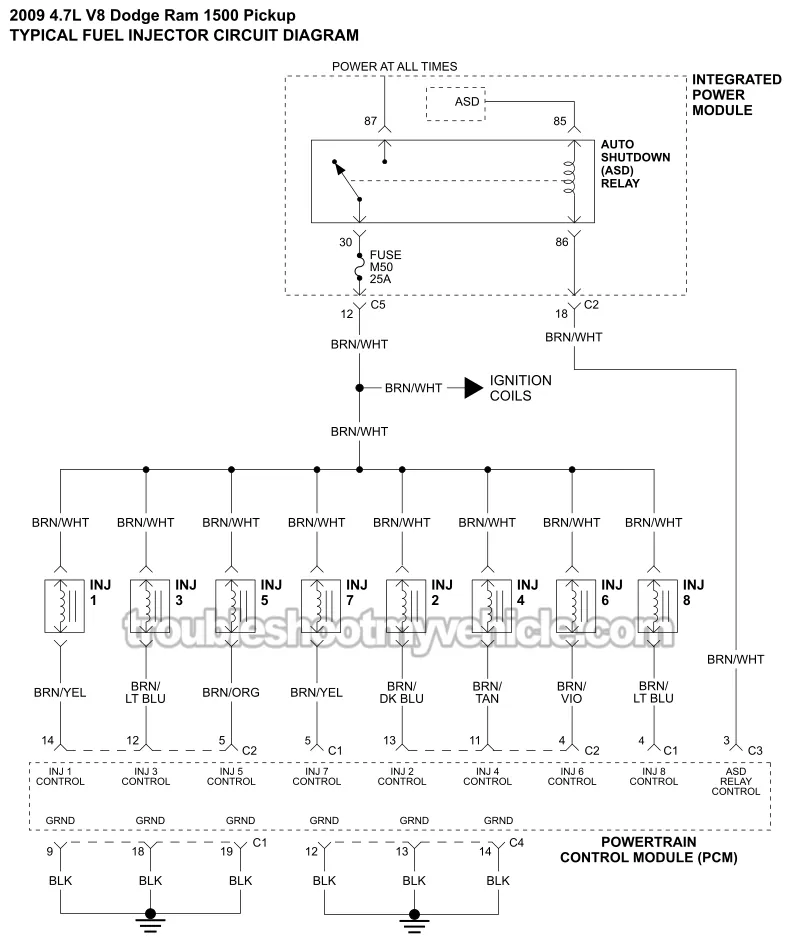 Fuel Injector Circuit Wiring Diagram (2009 4.7L V8 Dodge Ram Pickup)