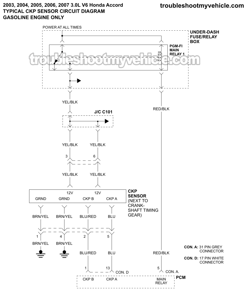 CKP Sensor Circuit Wiring Diagram (2003-2007 3.0L V6 Honda Accord)