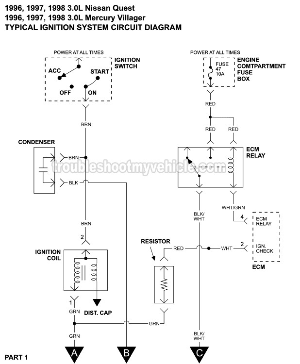 Part 1 -Ignition System Wiring Diagram (1996, 1997, 1998 3.0L V6 Nissan Quest And Mercury Villager)