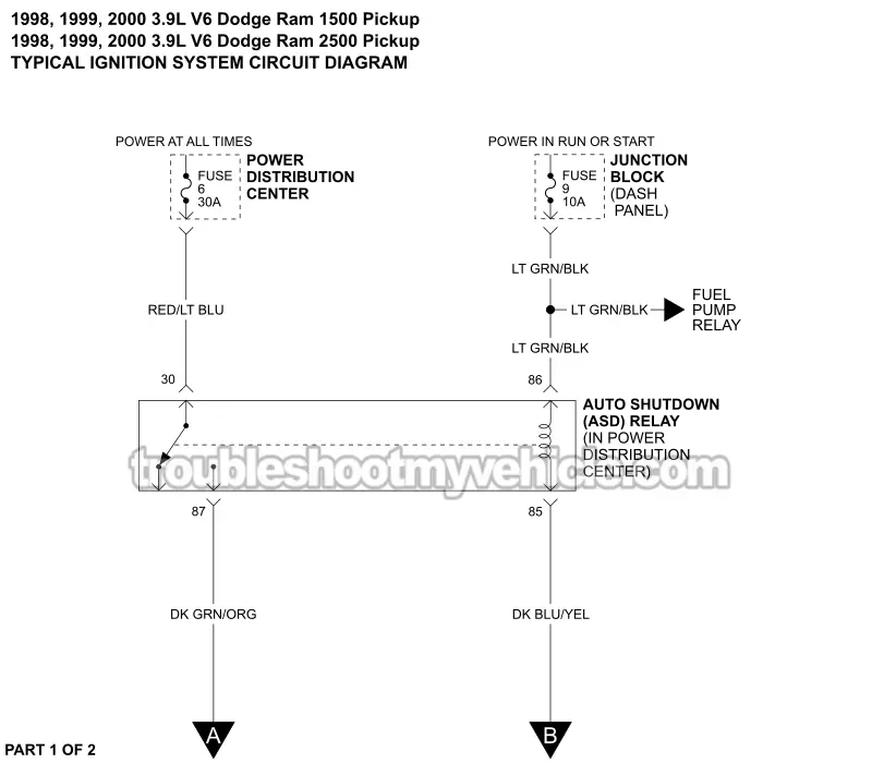 PART 1 OF 2 -Ignition System Wiring Diagram. 1998, 1999, 2000 3.9L V6 Dodge Ram 1500 and 2500 Pickup PART 1 OF 2 -Ignition System Wiring Diagram. 1998, 1999, 2000 3.9L V6 Dodge Ram 1500 and 2500 Pickup
