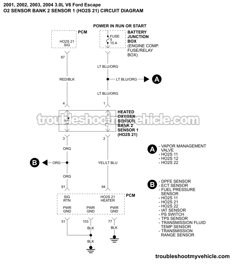 O2 Sensor Bank 2 Sensor 1 Circuit Wiring Diagram (2001, 2002, 2003, 2004 3.0L V6 Ford Escape) O2 Sensor Bank 2 Sensor 1 Circuit Wiring Diagram (2001, 2002, 2003, 2004 3.0L V6 Ford Escape)